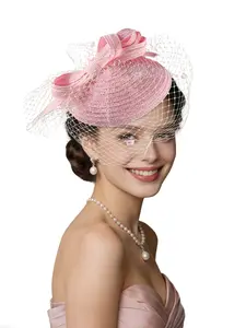 1pcs Women Mesh Fascinator Hats Wave Point Decor Floral Hair Feather Fascinator Hats Accessories Wedding Bridal Cocktail