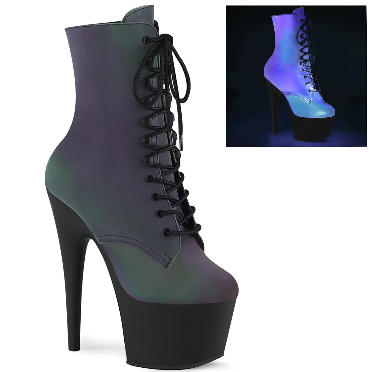 Lace-Up Platform Ankle Boots for Women with Reflective Upper, Stylish Heeled Footwear with 7" Heel and Inside Zip, Stylish Shoes, 7" (178Mm) Heel, 2 3/4" (70Mm) Platform, Boot-Inspired, Chic, High Heel