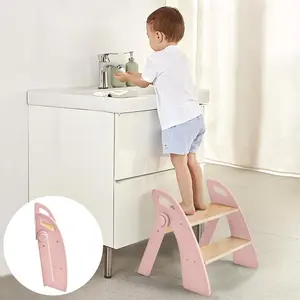 Wooden 2 Step Stool for Bathroom Sink Foldable Anti-Slip 2-Step for Toilet Potty Training,  Stepping Stool for Kitchen Nursery Bedroom, Sturdy Non Slip Adult Stool for Closet Pink