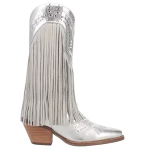 Dingo Womens Gypsy Embroidered Studded Fringe Metallic Snip Toe  Casual Boots Mid Calf Low Heel 1-2" - Silver