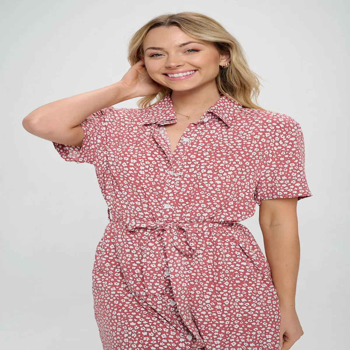 Daisy Floral All Over Print Button Up Collar Dress