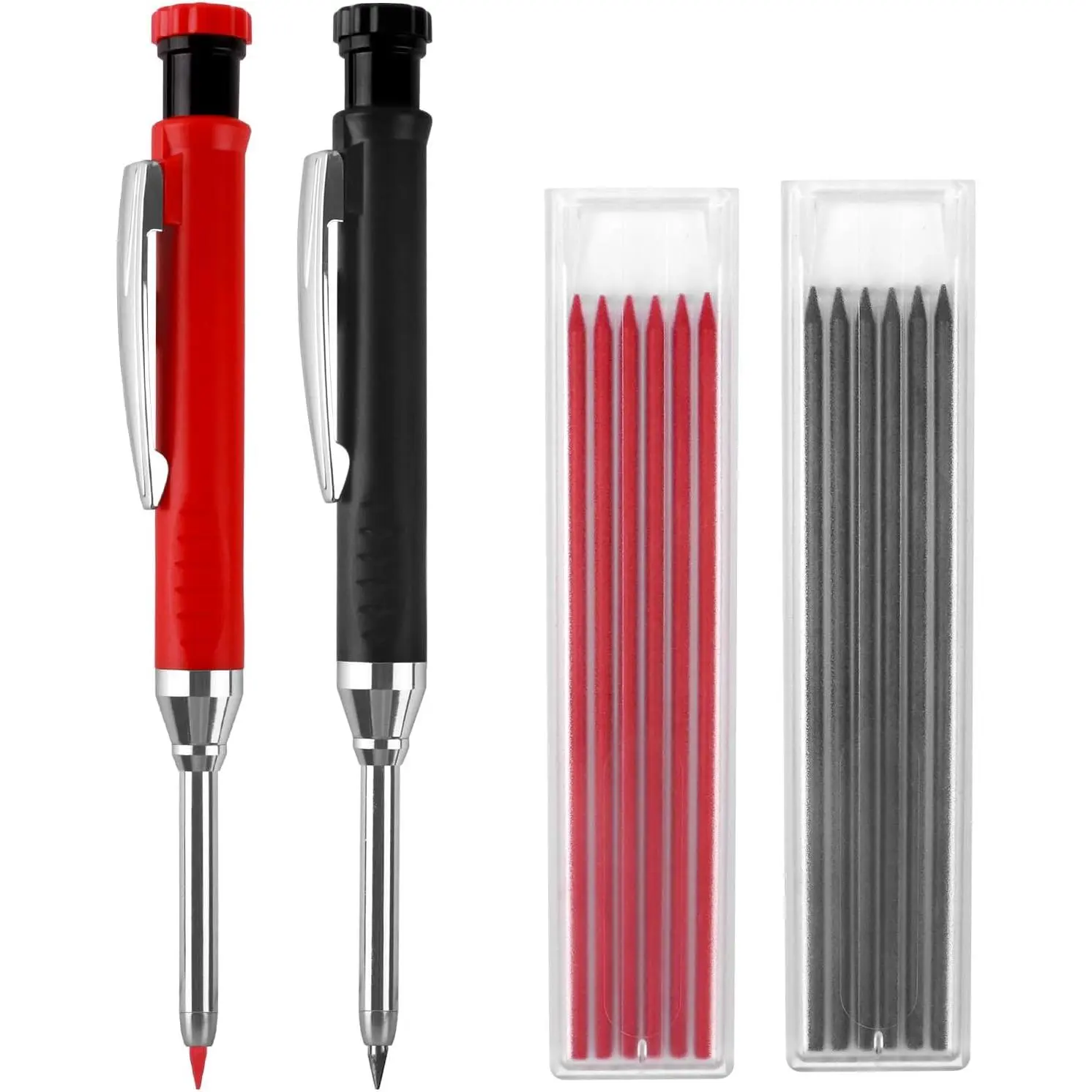 2 Pack Carpenter Pencils Mechanical Pencils with 12 Refills, Upgraded Construction Pencils with Built-in Sharpener, Woodworking Marking Tools Pencil Markers with Metal Clip for Architect (2 Colors)