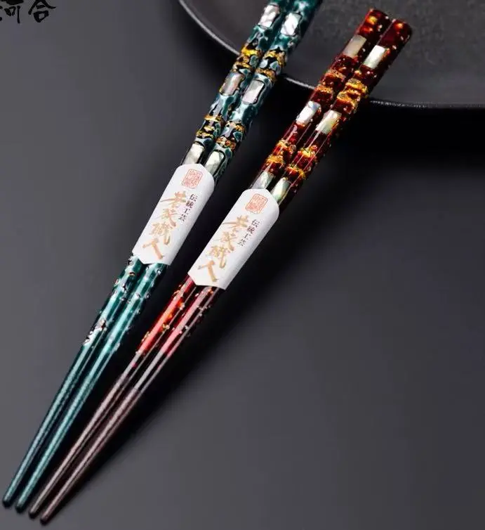 Premium Traditional Lacquer Chopsticks with Paua Shell Inlay - Collectible Art Kitchenware Utensils Tableware for Display & Daily Use