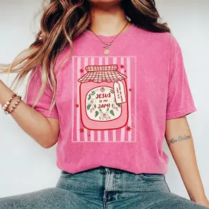 Unisex Jesus Is My Jam Strawberry Acid Wash Graphic Tee Casual Short Sleeve T-Shirt Retro Christian Streetwear Funny Bible Verse Summer Camp Youth Group VBS Shirt Top