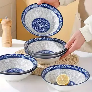 6pcs retro 6-inch blue and white ceramic bowl, high temperature resistant, microwave washable, dishwasher washable, suitable for household use, pasta, salad, fruit, holiday gatherings, restaurant kitchens, universal durable tableware