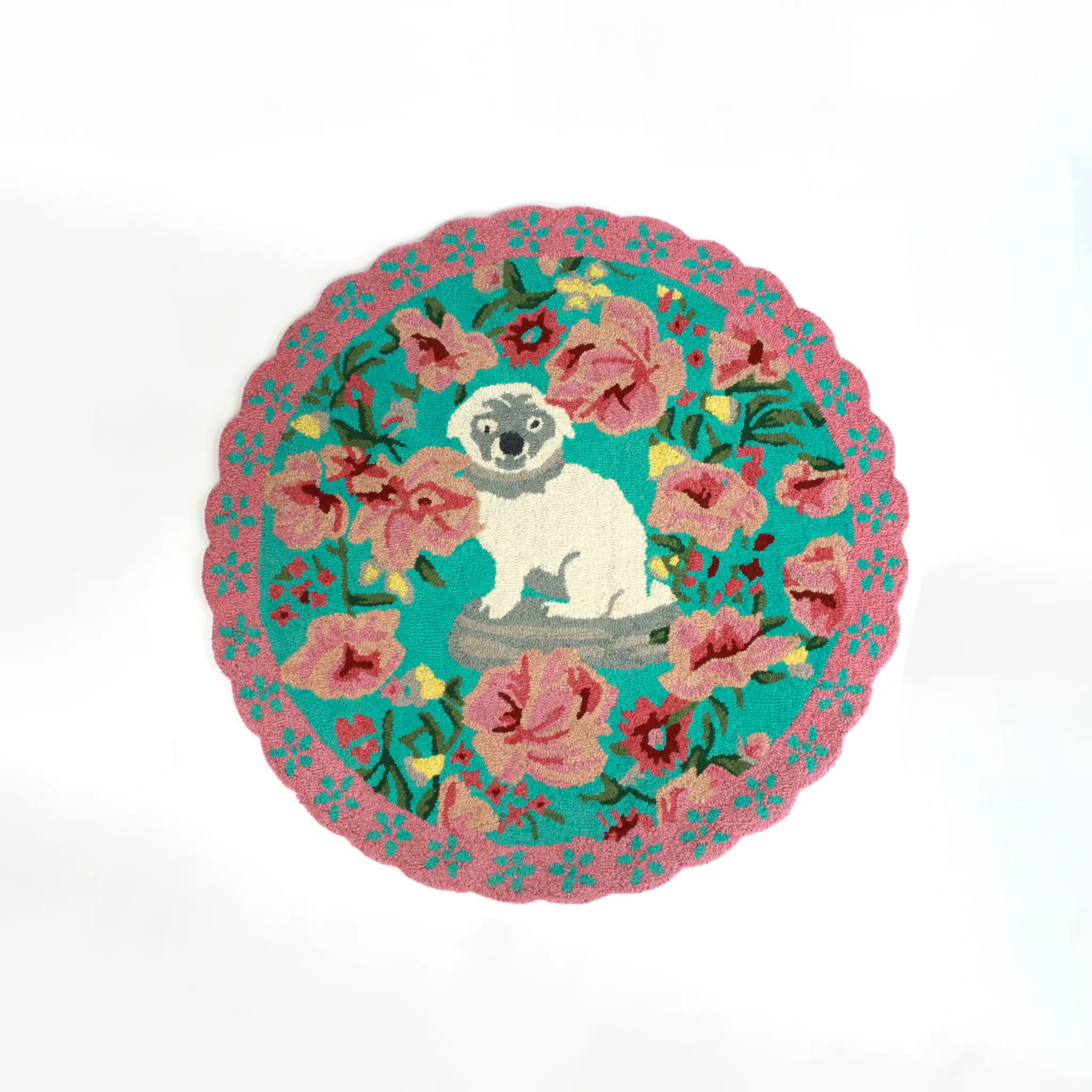 Round Imperial Palace Hooked Wool Pink and Green Pug Rug