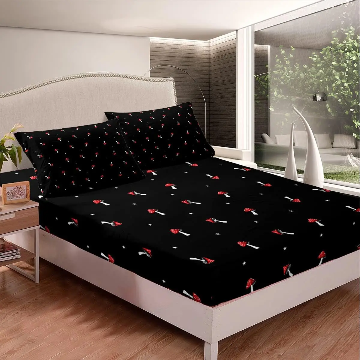 Cute Mushroom Fitted Sheet Cartoon Kawaii Bedding Set Red Mushroom Bedding Farmhouse Botanical Fitted Bed Sheets Lovely Natural Wild Plants Fitted Sheet For Bedroom Decor,Black