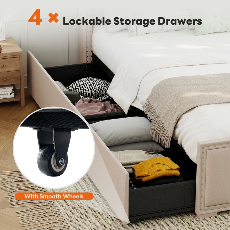 Upholstered Storage Bed Frame With LED Lights – 4 Built In Drawers & Headboard Charging Station – Modern Platform Bed For Small Bedroom And Master Suite