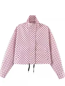 Polka Dot Short Jacket, Korean Retro Casual Style, Stand Collar Drawstring Waistcoat, Slim Fit for Petite, Daily Wear Top