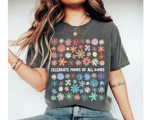 Vintage Casual Oversized T-Shirt, Celebrate Minds Of All Kinds Neurodiversity Retro Graphic Tee, Retro Autism Acceptance Shirt for Women, Aesthetic SPED Teacher Casual Top, Trendy Inclusive Apparel, Unique Neurodivergent Gift