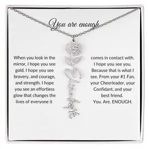 You Are Enough Personalized Flower Name Necklace Adjustable Cable Chain Customizable Birth Flower Design Handcrafted in USA Gift for Her