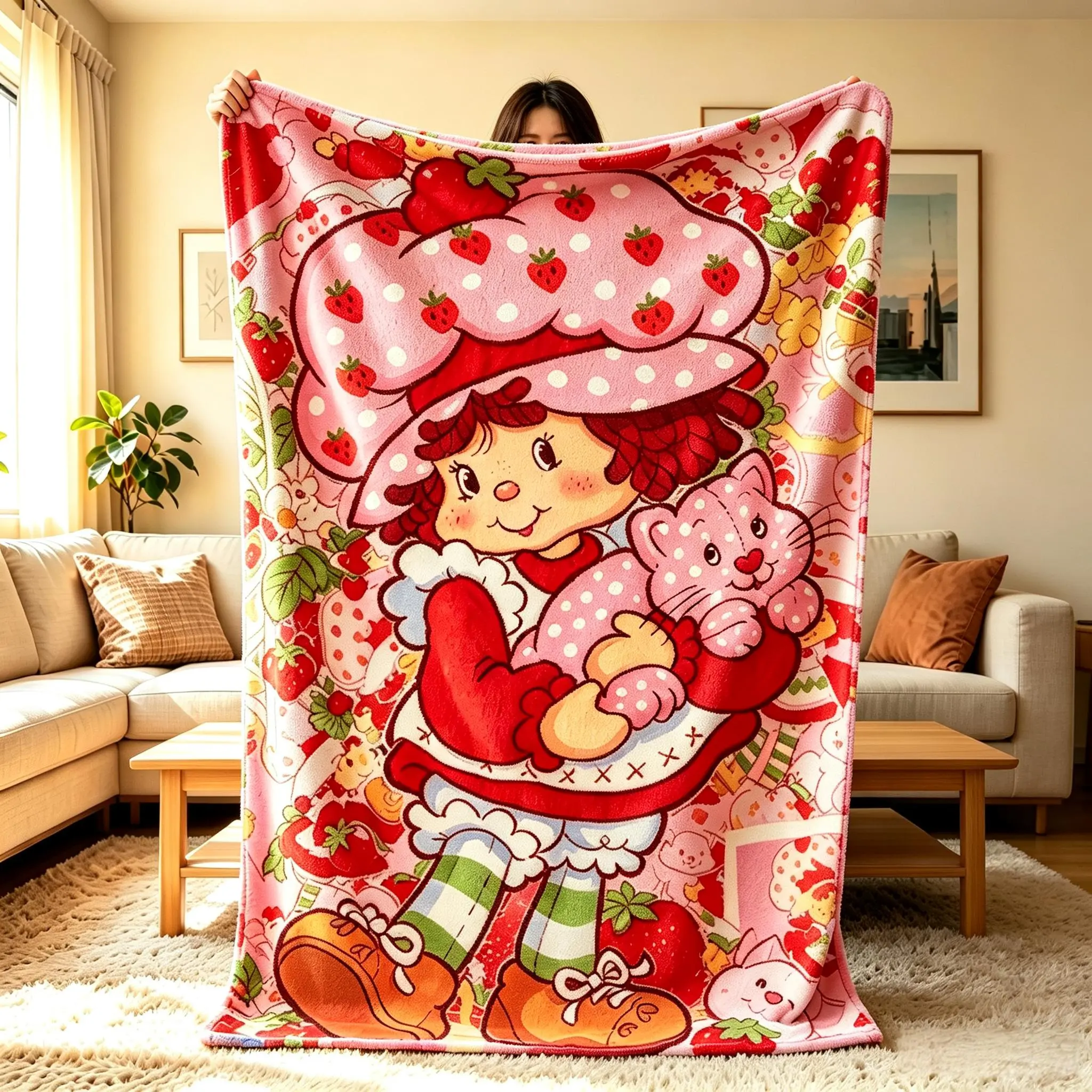 Flannel Throw Blanket with Cute Strawberry Shortcake Berry Meadows Cartoon Print, Soft Bedding Linen for Home Use