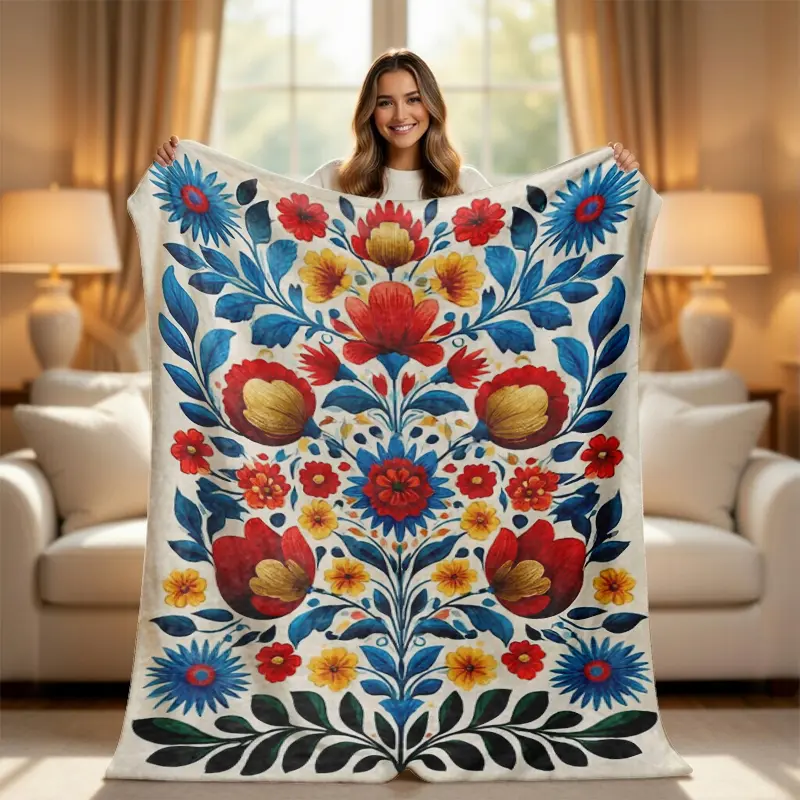 Vintage Folk Art Floral Throw Blanket - Retro Scandinavian Style Colorful Flower Botanical Afghan Blanket, Soft Fleece, Aesthetic Cottagecore Home Decor, Cozy Warm Gift for Mom, Flower Blankets, Botanical Blankets
