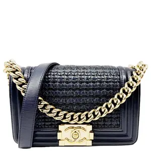 Pre-owned CHANEL Braided Leather Shoulder Bags Boy Small Shoulder Bag Navy Blue