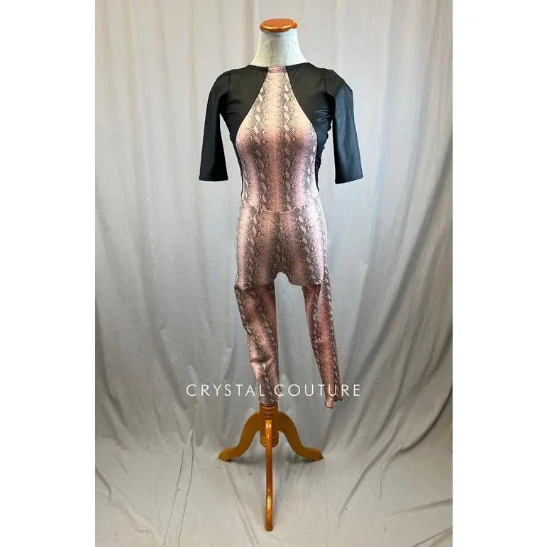 *Brand New* Black and Light Pink Snakeskin Unitard with Quarter Sleeves