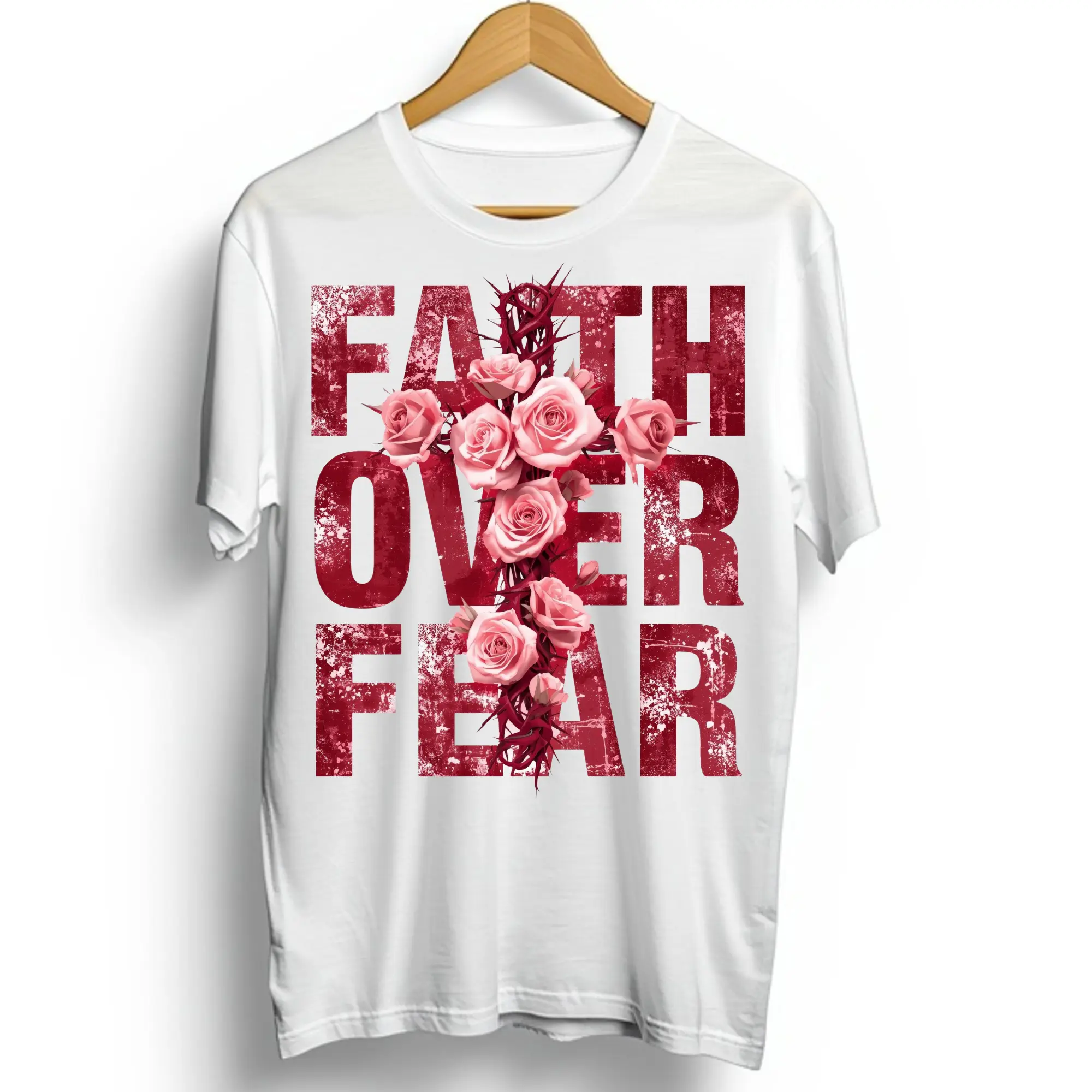 Faith Over Fear Cross & Roses Unisex Ready-To-Press DTF Art Print - Direct-To-Film DIY Printmaking Accessory for T-Shirts, Everyday Wear