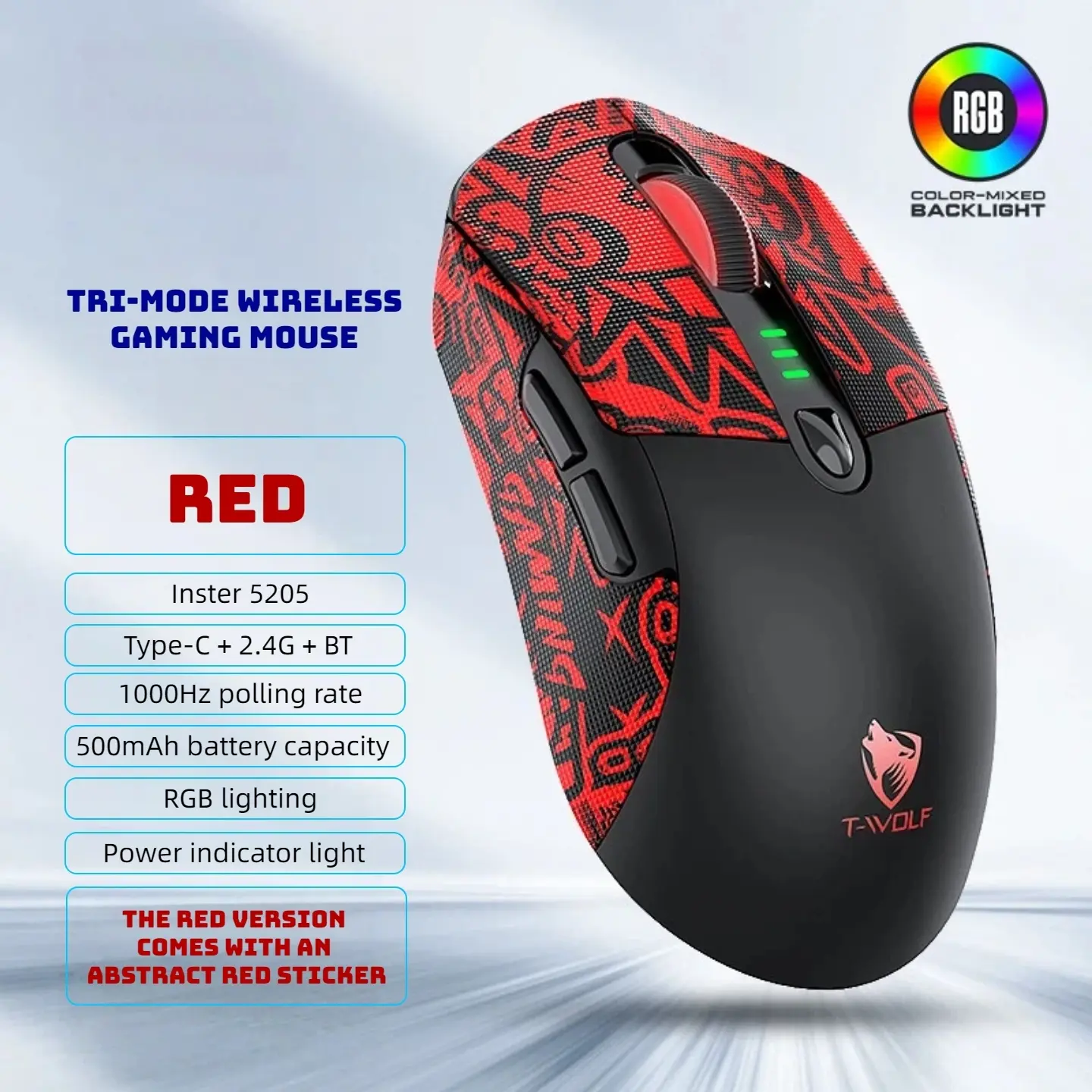 T-WOLF X5 RGB Wireless Gaming Mouse for Gaming Setup, Tri-Mode Bluetooth/2.4G/USB-C Rechargeable Mouse, 12800 DPI PC Gamer Mouse with Free Red Custom Stickers, Cool Desk Accessories Upgrade