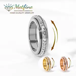 Anxiety Rings for Women Titanium Steel Spinner Fidget Band Rings Cubic Zirconia Relieving Anxiety Wedding Promise Rings Comfort Fit Size 5 to 12