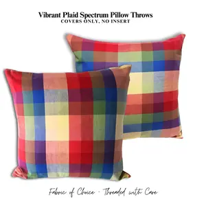 Vibrant Plaid Spectrum Pillow Throws Set of 2, 18x18 Inch Decorative Handmade Pillow Cases for Farmhouse Decor, Sofa, Couch Cushion