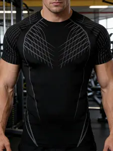 Men's High Stretch Quick-Dry Short Sleeve Gym Workout Shirt, Gym Tops, Stripe Functional Fitness Top for Weightlifting Training