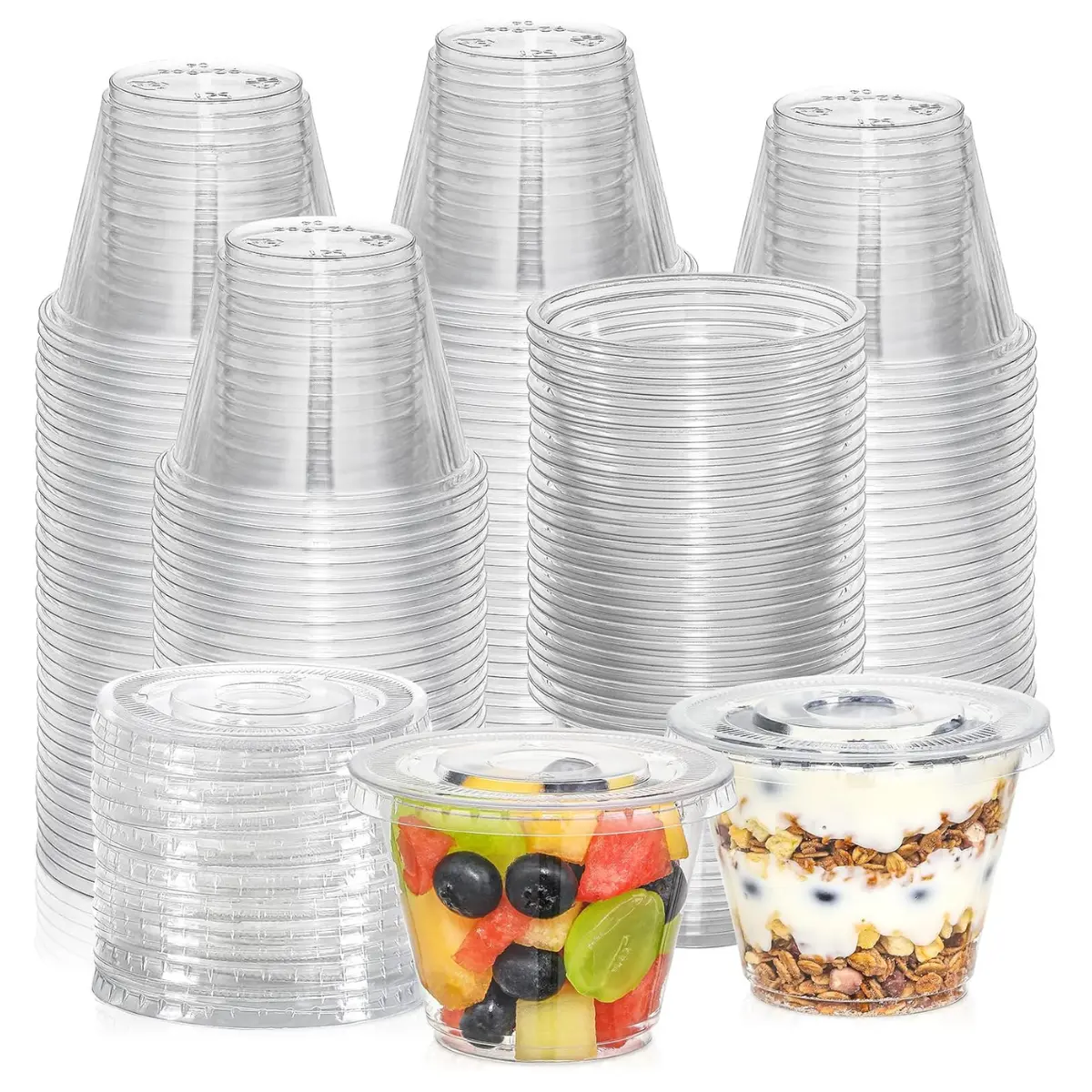 9 oz Clear Plastic Cups With Flat Lids No Hole, Disposable Cups With Lids for Ice Cream, Pudding, Cake, Snacks Smoothie, Milkshake, Cold Drinks