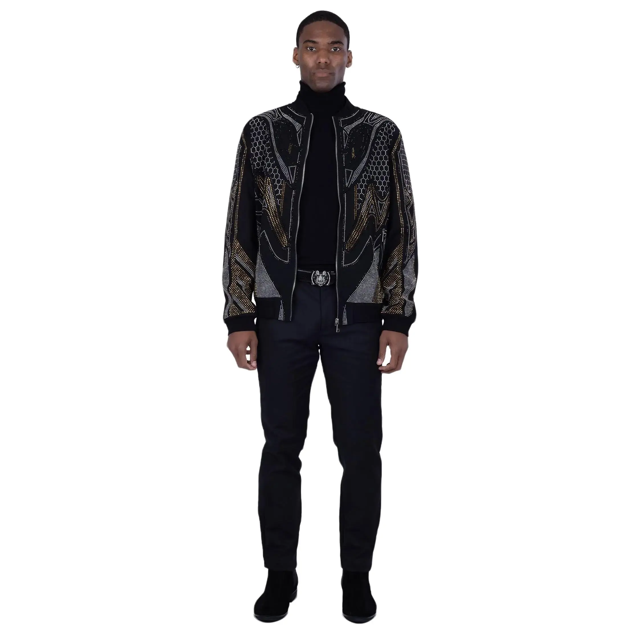 Osaka Rhinestone Bomber Jacket - Stylish Bomber Jacket with Rhinestone Accents, Ideal for Casual Outings Coats Fashion Menswear Fabric Biker Elastic Geometric Dress Hem Jeans