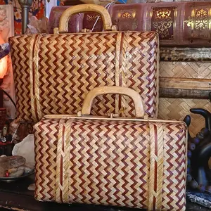 Vintage Wicker Bamboo Spirited Bohemian Purses Baskets Home Art Set 2 - Handcrafted Zigzag Design for Decor