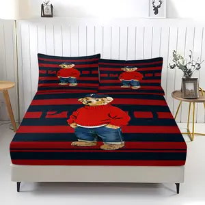 Teddy Bear Pattern Bed Sheet, Comfortable Printed Pattern, Includes 1 Bed Sheet and 2 Pillowcases, Comfortable Bedding, Non slip Dust Cover Suitable for Bedroom and Guest Room, Suitable as a Gift for Children or Adults