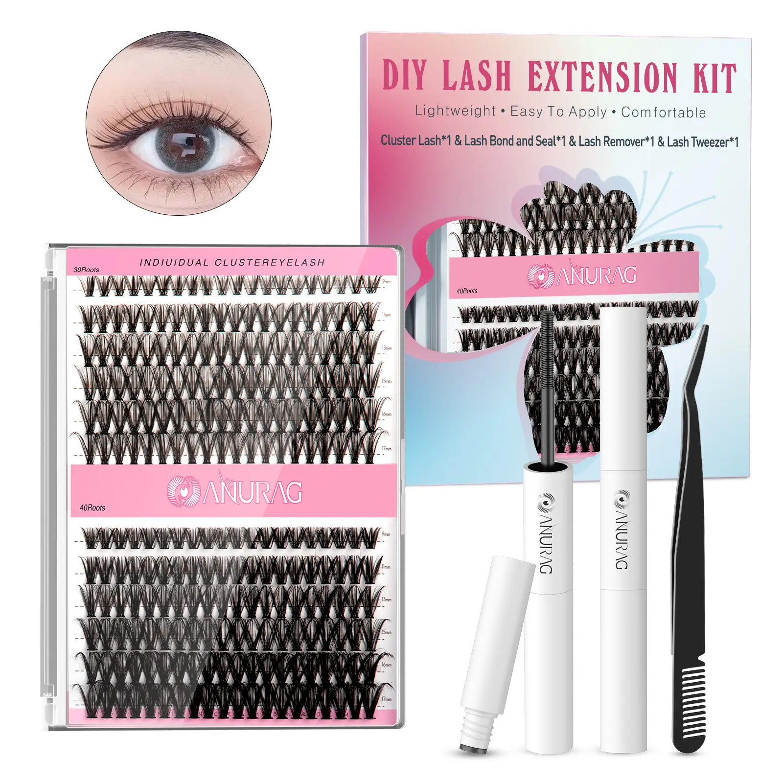 DIY Eyelash Extension Kit 240 Eyelash Set Kit Individual Eyelashes Natural 9-17mm C/D Curl Kit, Fine Band Cluster Eyelash Adhesive & Sealant & Eyelash Tweezers, Eyelash Curler Kit,  (30D & 40D-0.07D-9-17MIX Kit)Christmas gifts，#SummerWins #DealsForYouDays