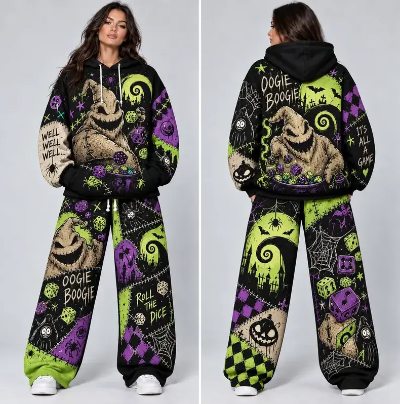 Oogie Boogie Halloween Hoodie & Sweatpants Set, Spooky Graphic Tracksuit, Dice Spider Web Pumpkin Patchwork Outfit