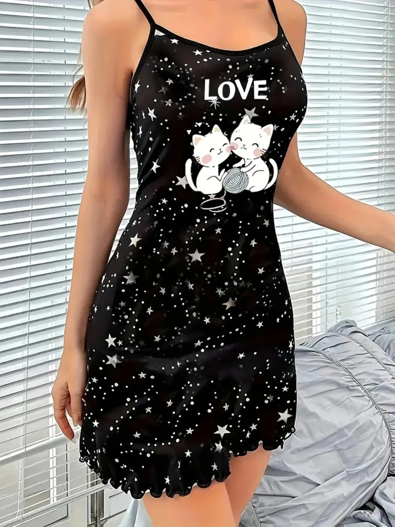 Women's Summer Spaghetti Strap Sleeveless Cami Nightdress, Animal and Star Print, Casual Fitted Style, Knit Fabric, Moderate Thickness, Nightwear Loungewear Sleep Dress, Soft Lounge Dress