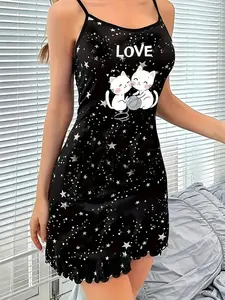 Women's Summer Spaghetti Strap Sleeveless Nightdress, Animal Star Print, Casual Fitted Style, Knit Moderate Fabric Thickness, Perfect for Warm Weather, Nightwear, Loungewear, Sleepwear Dresses
