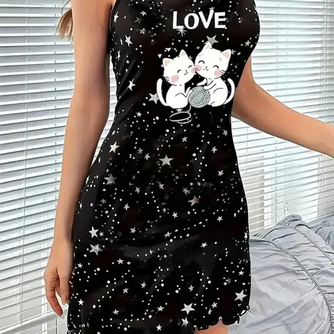 Women's Summer Spaghetti Strap Sleeveless Cami Nightdress, Animal and Star Print, Casual Fitted Style, Knit Fabric, Moderate Thickness, Nightwear Loungewear Sleep Dress, Soft Lounge Dress, Sleepwear Dresses
