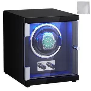 VEVOR Watch Winder,  Single Watch Winder for Men's and Women's Automatic Watch, with Super Quiet Japanese Mabuchi Motor, Blue LED Light and Adapter, High-Density Board Shell and Black PU