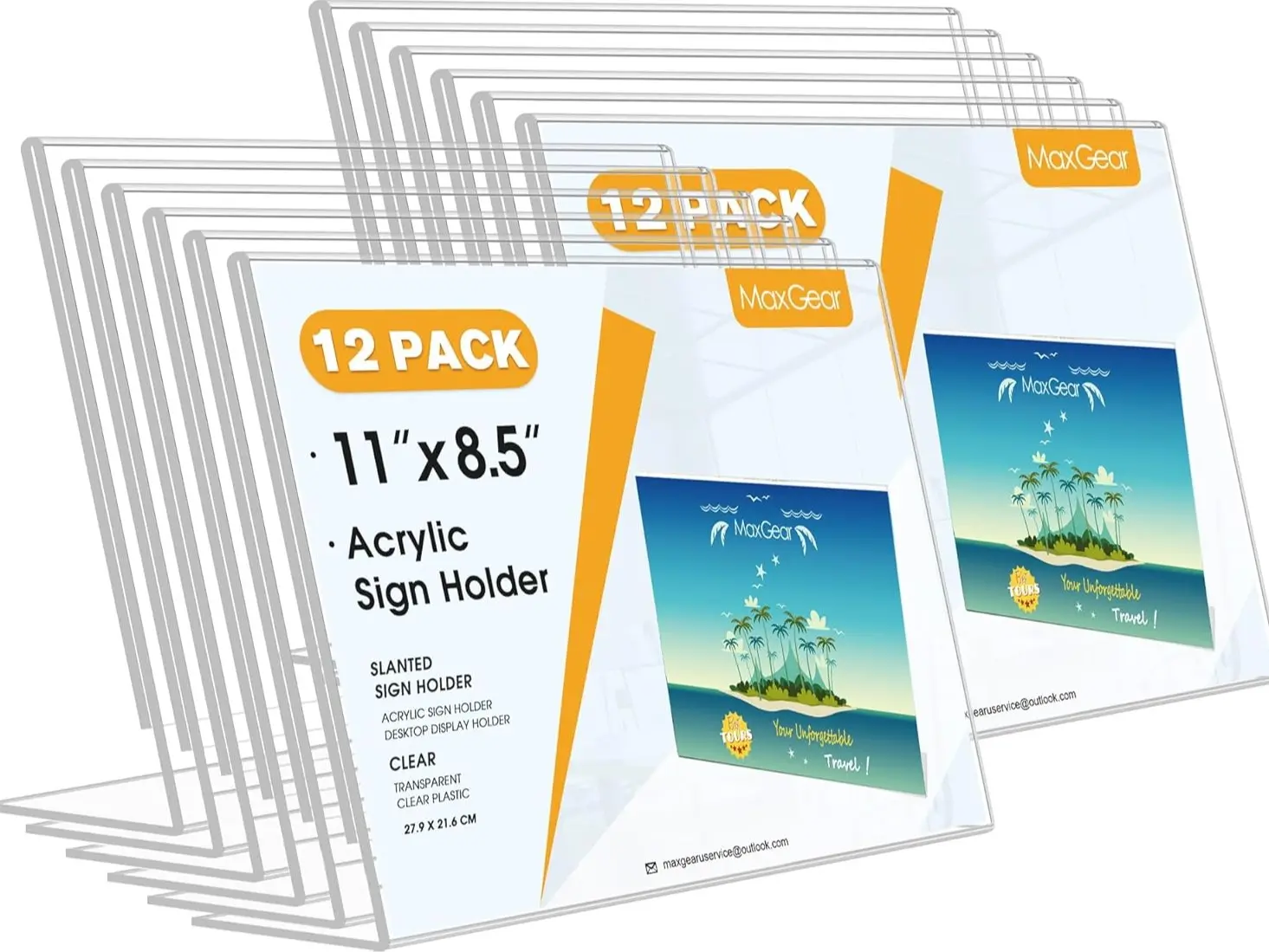 MaxGear Acrylic Sign Holder Set, 8.5x11 in Horizontal, 12-Pack Clear Tabletop Display Stands with Slanted Back for Flyers, Menus Decor Frames