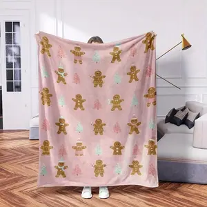 Adorable Gingerbread Man & Pastel Christmas Tree Patterned Pink Flannel Throw Blanket for Festive Warmth & Home Decor