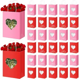 48 Pcs Mother's Day Paper Gift Bags with Heart Clear Window and Handles, Red Pink Treat Bags Bulk for Wedding Favor, Bridal Shower Packaging for Candy Cookies Cosmetics (Red Pink)