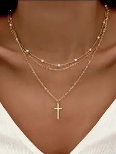 Viromy Cross Necklace for Women 14K Gold Plated Layered Cross Necklace Pearl Bead O Chain Set Dainty Simple Cross Choker Trendy Cute Gold Cross Pendant Faith Gift for Girls Kids