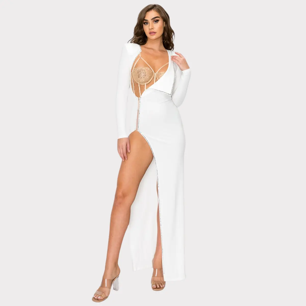 mermaid lace wedding dress Davinci Bridal 50894 Beaded Lace Mermaid Wedding Dress Long Sleeve Sheer Backless 6 / Ivory/Nude