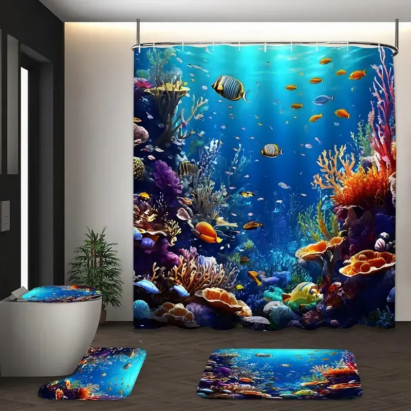 1/4pcs Underwater World Pattern Shower Curtain Set, with shower curtain, toilet seat cover, rectangular mat, and U-shaped mat, perfect for bathroom décor, comes with 12 shower curtain hooks, Bathroom Decoration Accessories, Bathroom Supplies