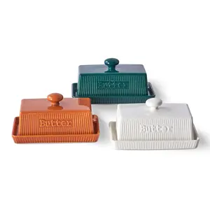 Ceramic Butter Dish with Lid, Large Butter Container Storage for 250g Butter Block, Porcelain Butter Holder with Knob Handle, Striped Butter Keeper Butter Tray, Farmhouse Kitchen Decor, Elegant Kitchen Accessory, Perfect for Cooking & Baking