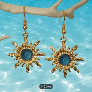 Blue Sun Earrings - Unusual Cool Gold and Light Blue Acrylic Drop Earrings for Women