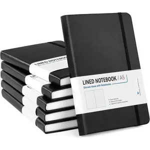 A5 Lined Journal 6 Pack - Black PU Leather Hardcover, 100gsm, 200 Pages (100 Sheets), Office Work Notebook with Table of Contents &  Pocket for Team/Meetings/Business