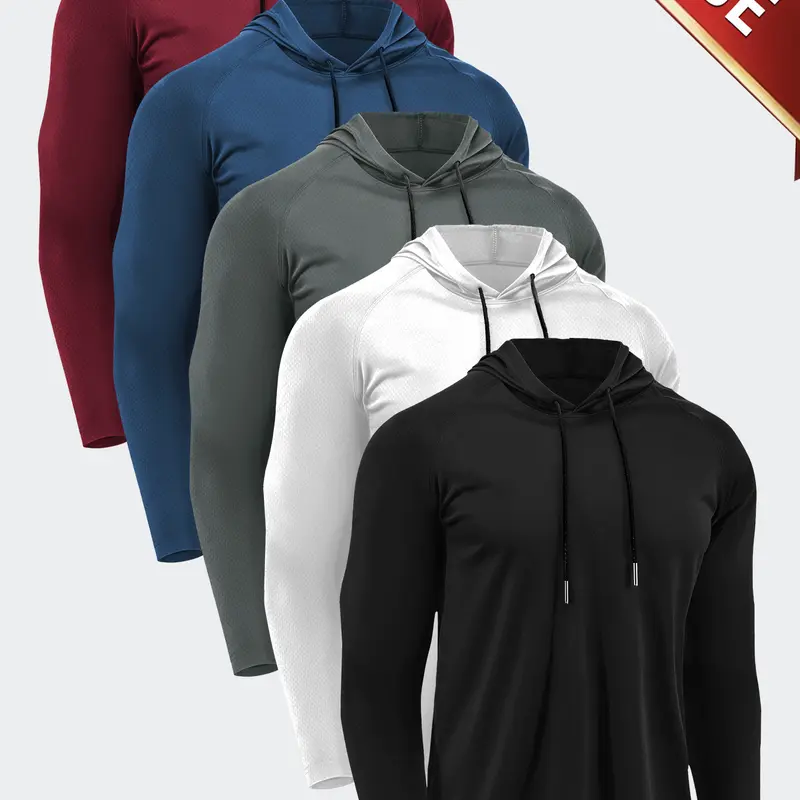 SKYWEHYD Men's Fitted Hooded Long Sleeve Pullover Hoodies - 5-Piece Athletic Set, Warm Breathable Fabric, Ideal for Casual Outings Outdoor Sports, Gifting Option for Guys