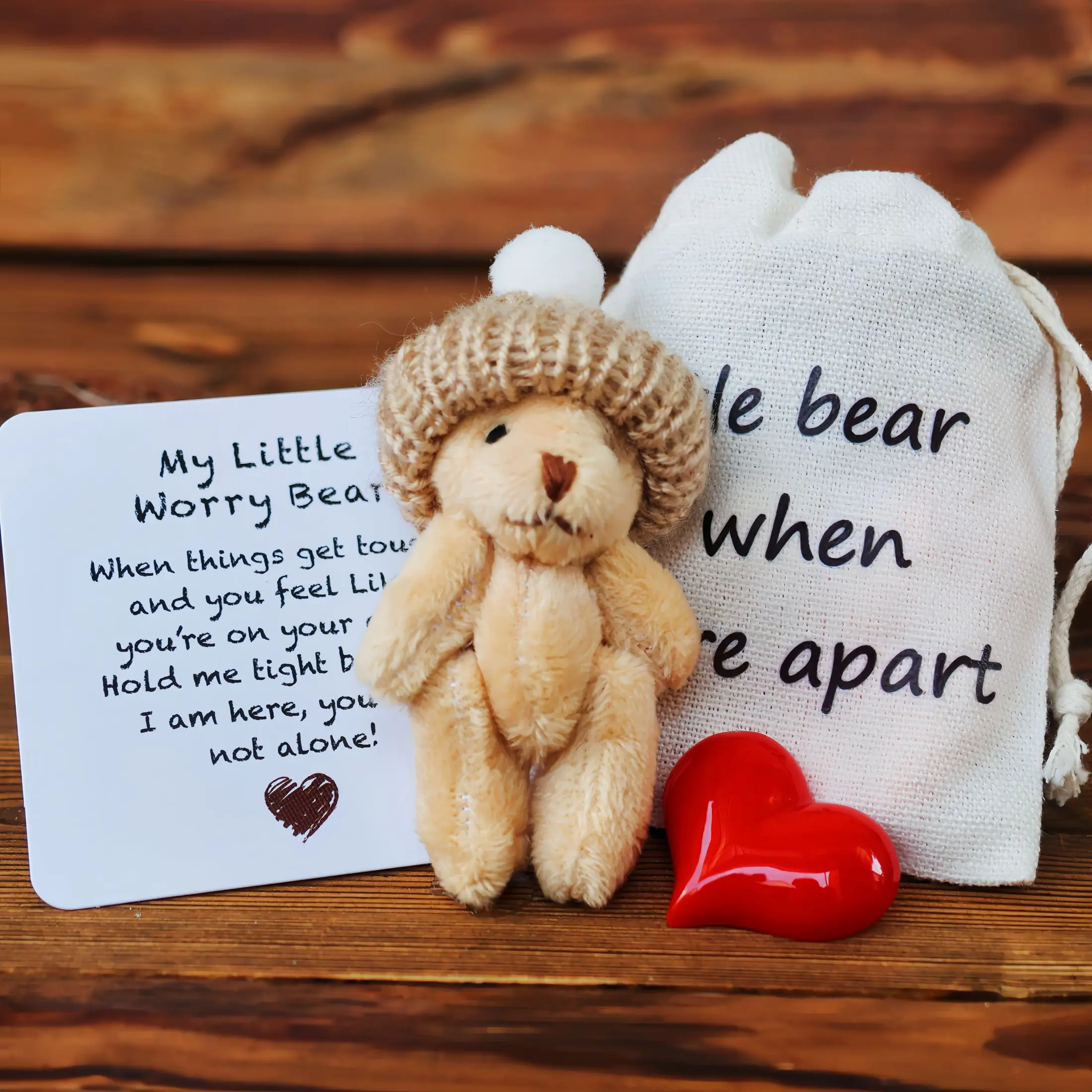 My Little Worry Bear Gift Bag, Pocket Teddy Bear with Inspirational Card, Crochet Little Bear Hug with Knitted Hat, Anxiety Emotional Support Bear Positive Gifts, Inspirational Bear Gift for Back to School Graduation Party Favors, Healing Gifts