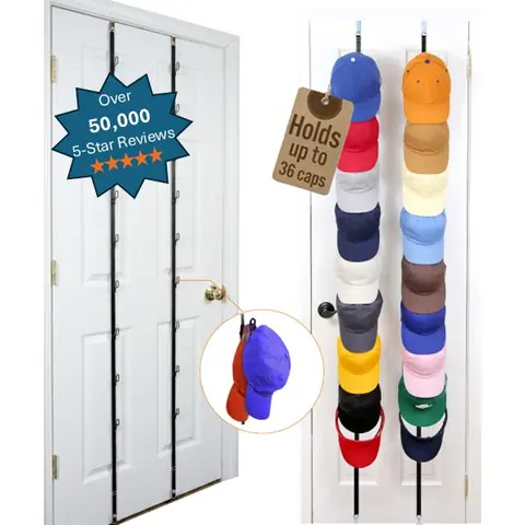 Cap Rack, Over-The-Door Hat Organizer by Perfect Curve, Adjustable Clips, Holds Up to 36 Baseball Caps, Easy Installation