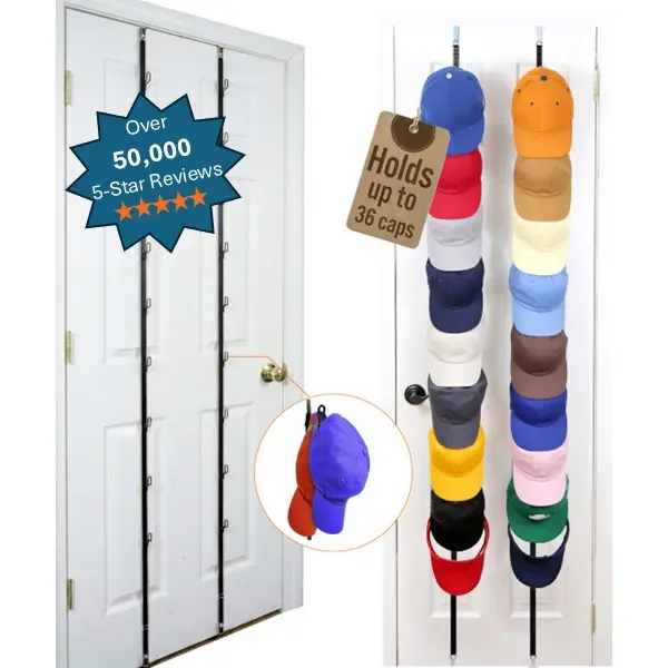 Perfect Curve CapRack | Over-The-Door Hat Organizer for Baseball Caps | 2 Straps, Holds 18-36 Adjustable Hats | Black | Adjustable Cap Clip | Easy Installation | Versatile Hat Rack
