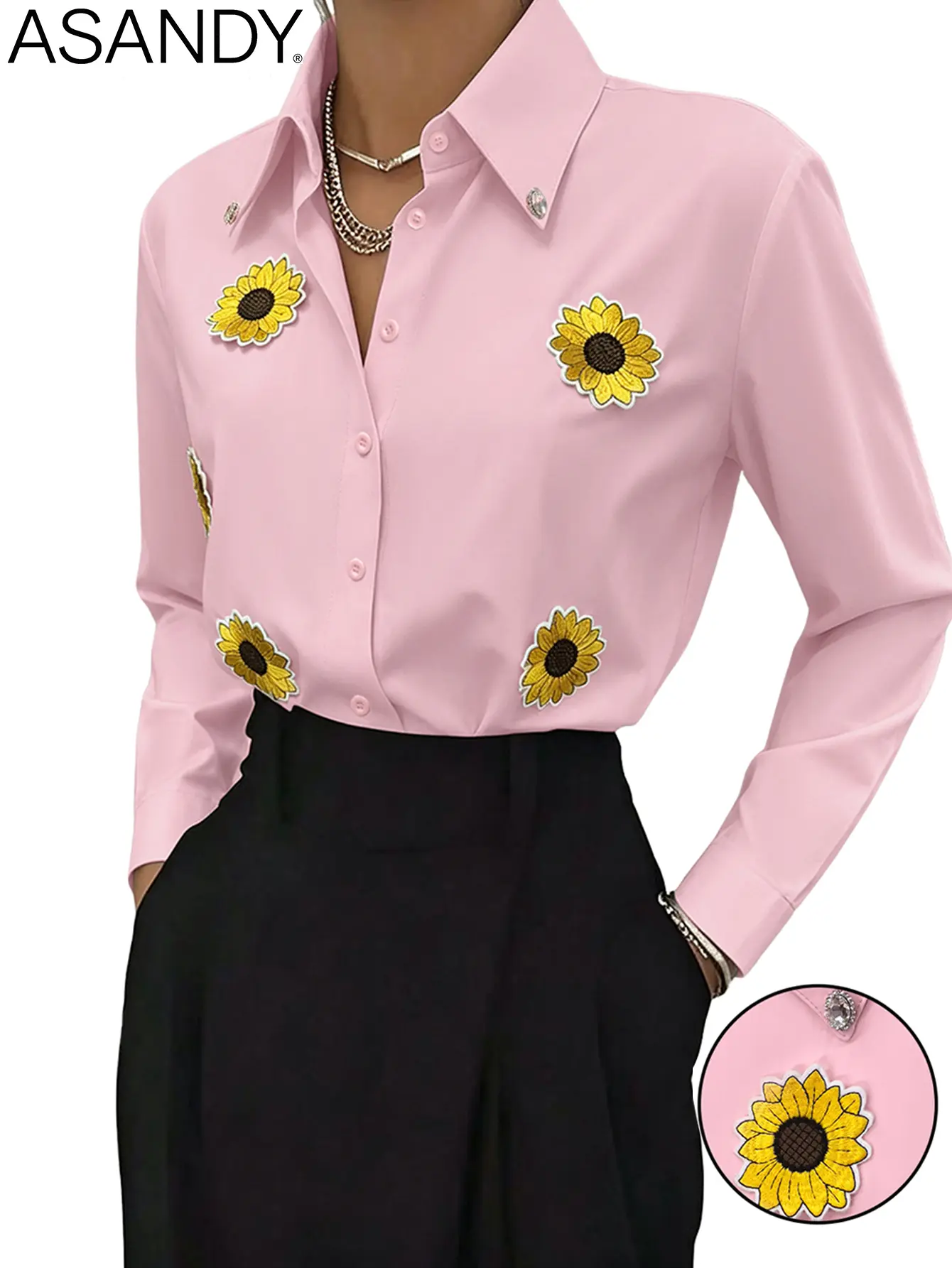 ASANDY Women's Elegant Pink Button-Down Shirt with Sunflower Embroidery and Crystal Collar, Long Sleeve Top for Office, Business, Going Out OOTD Ideas, Sun Protection, M