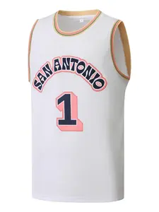 Men's 1 White Embroidered Vintage Basketball Jersey, Casual Short Sleeve Vest, Fitted Long Clothing, Summer Sportswear, Figure Pattern