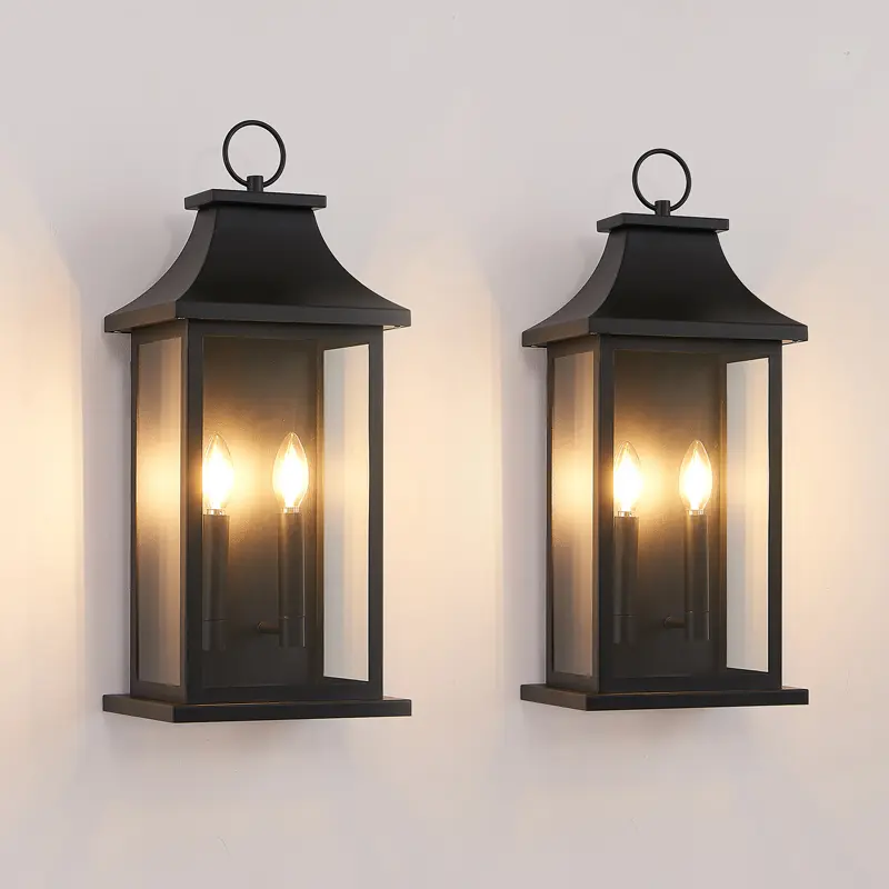 Outdoor Lighting 2-Piece Set, 22in Contemporary Metal Frame Water Resistant Outdoor Wall Sconce Lanterns for Porch Illumination, Black